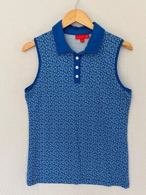 REDVANLY Women’s Large Blue White Logo Print Sleeveless Performance Golf Polo